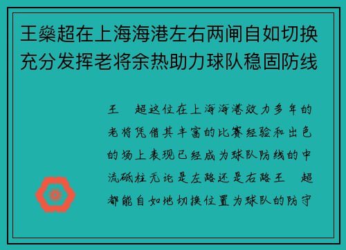 王燊超在上海海港左右两闸自如切换充分发挥老将余热助力球队稳固防线