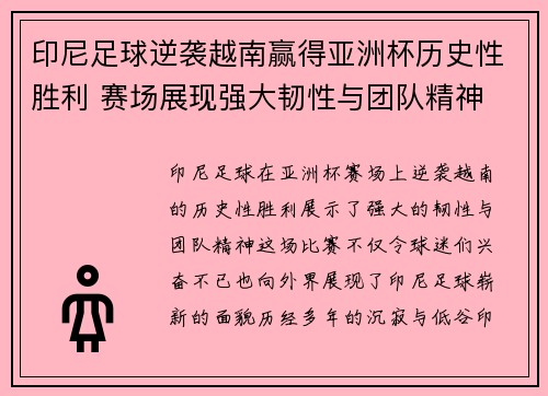 印尼足球逆袭越南赢得亚洲杯历史性胜利 赛场展现强大韧性与团队精神