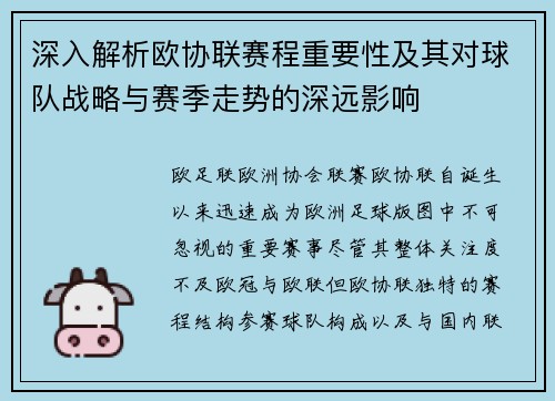 深入解析欧协联赛程重要性及其对球队战略与赛季走势的深远影响